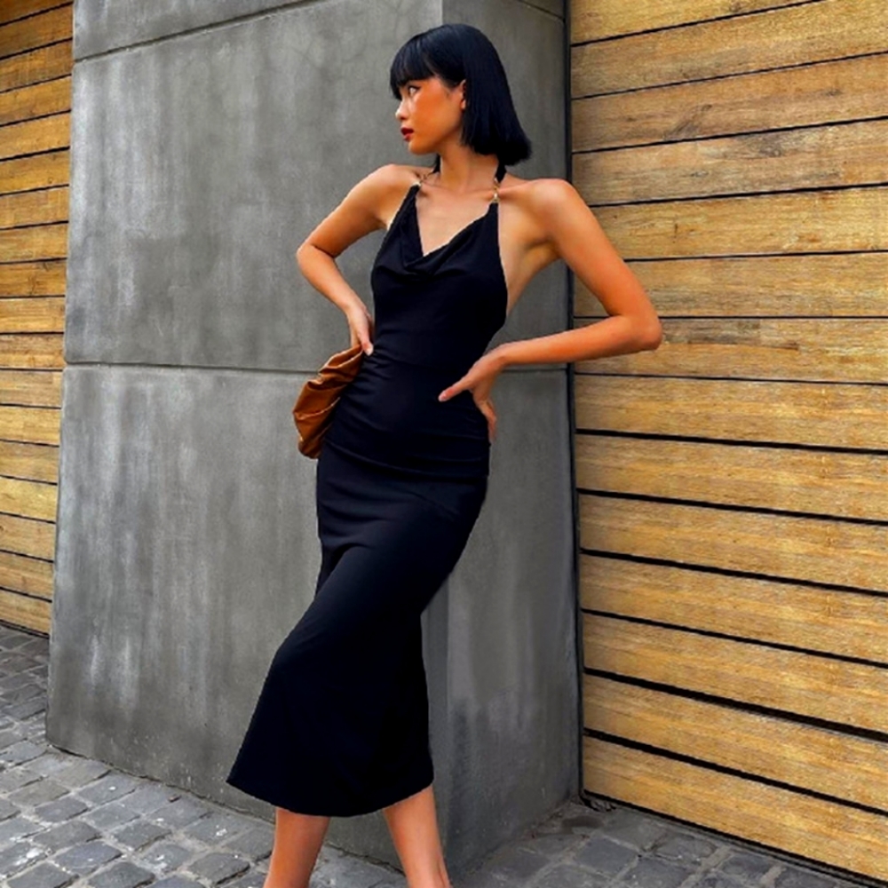 Halter Bodycon Midi Dress Women Sleeveless Backless Solid Color Slim Long Dress